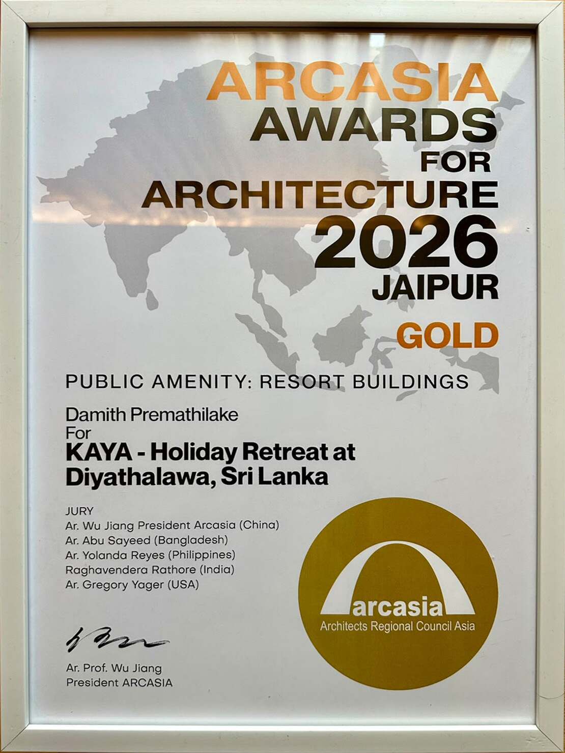 ARCASIA Awards for Architecture 2026 Gold certificate for KAYA Holiday Retreat at Diyathalawa, Public Amenity: Resort Buildings