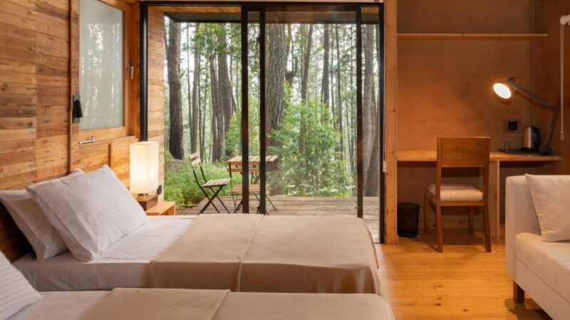 kaya-img-25 Chalet bedroom framed by pine forest at KAYA Retreat, one of the quietest honeymoon hotels in Sri Lanka